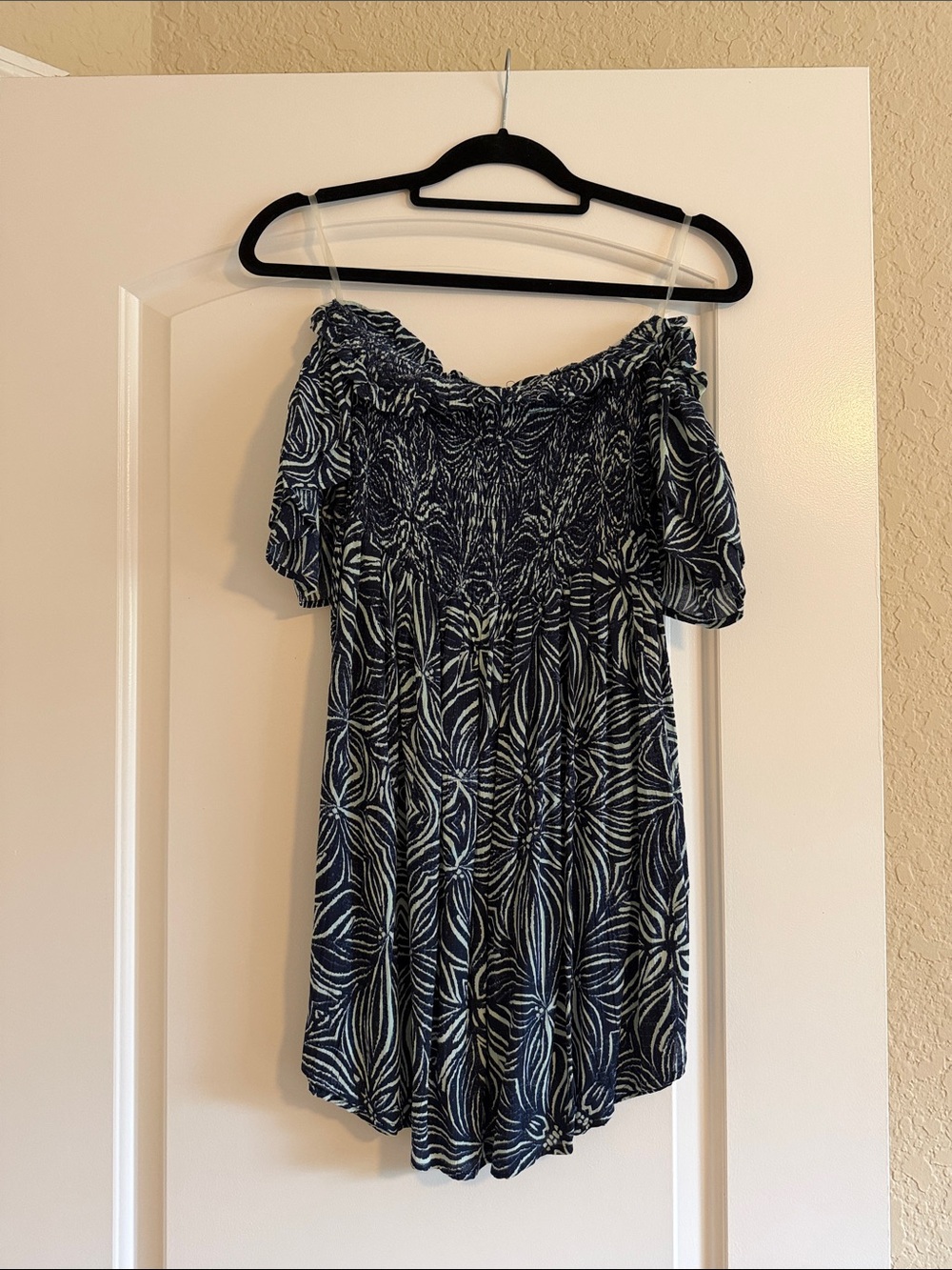 Lagaci Navy and White Off-Shoulder Floral-Print Dress